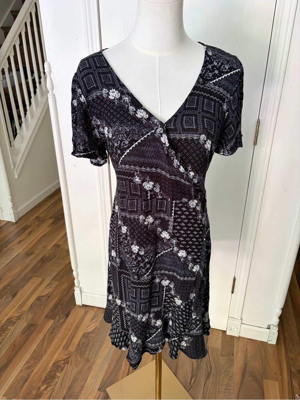Black & White Floral Bandana Patchwork Wrap Style Dress, Small